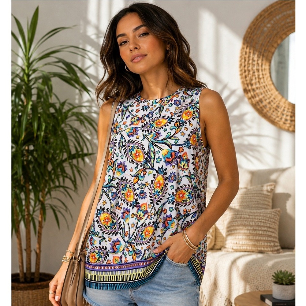 Boho Eclectic Colorful Paisley Border Print Workwear Career Tank Top Womens M